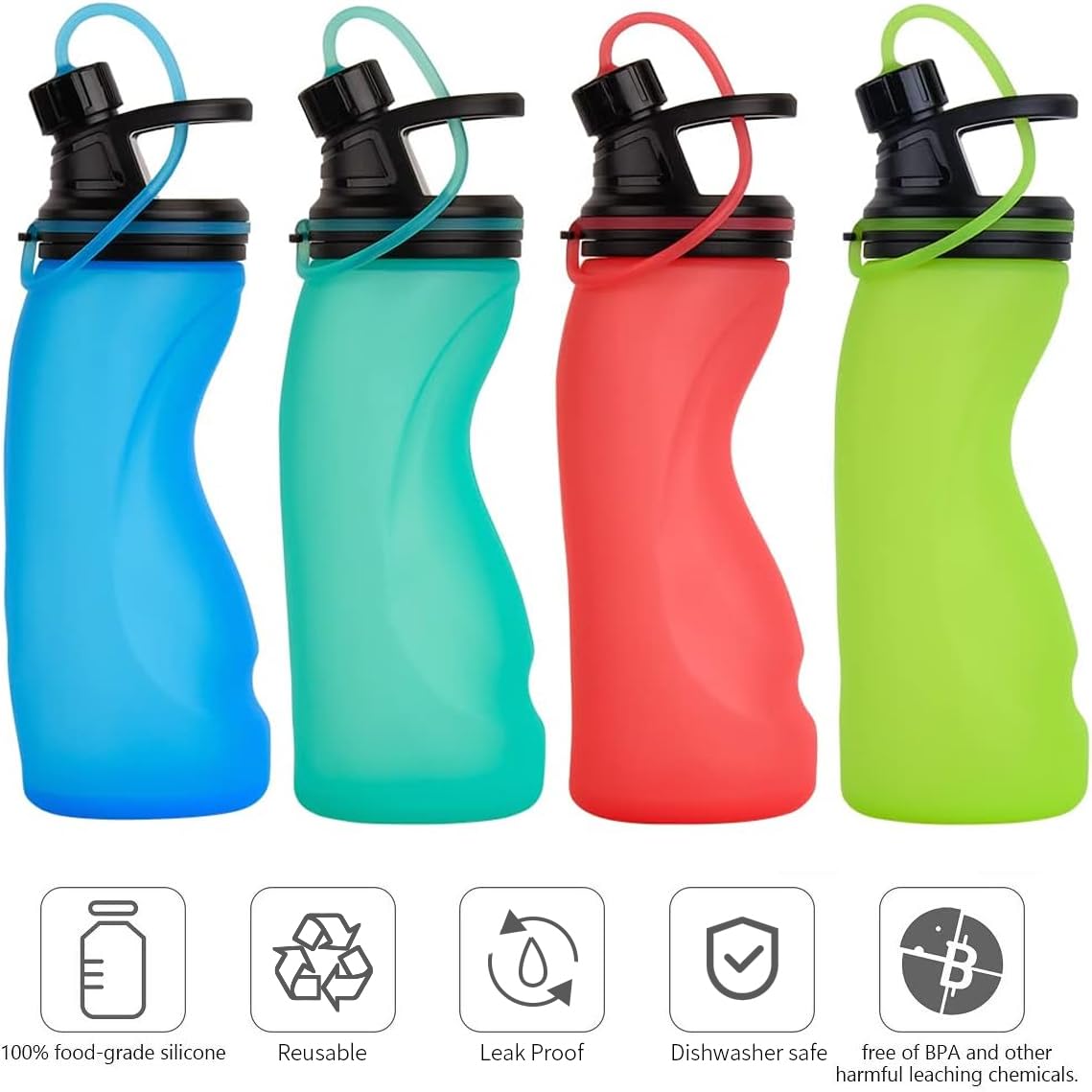 E-Senior Collapsible Water Bottle BPA Free - Foldable Water Bottle for Travel Sports Bottles with Triple Leak Proof Lightweight 17oz (Upgraded Aqua Blue)