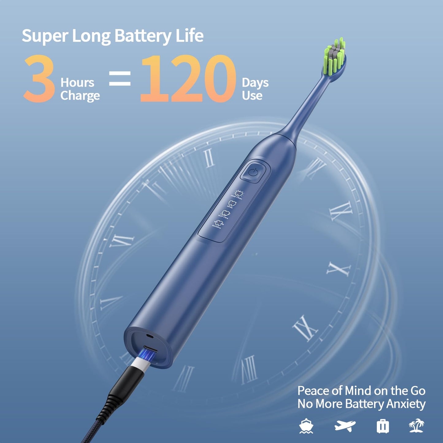OasiSmile Electric Toothbrush for Adults, 42000 VPM Deep Clean Sonic Toothbrush with 6 Brush Heads, 4 Modes, IPX7 Waterproof Rechargeable Toothbrushes for 120 Days, Built-in 2 Mins Smart Timer (Blue)