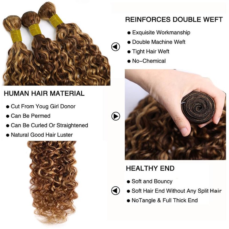 Ombre Curly Human Hair Bundles P4/27 Highlight Bundles Human Hair 12 14 16 Inch Honey Brown Bundle Double Weft Unprocessed Brazilian Virgin Remy Hair Extensions 3Pcs/Set