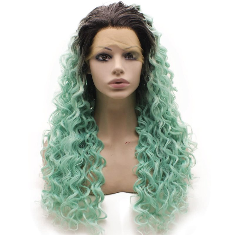 Long Curly Heat Resistant Synthetic Lace Front Wig - Dark Root Blue Color