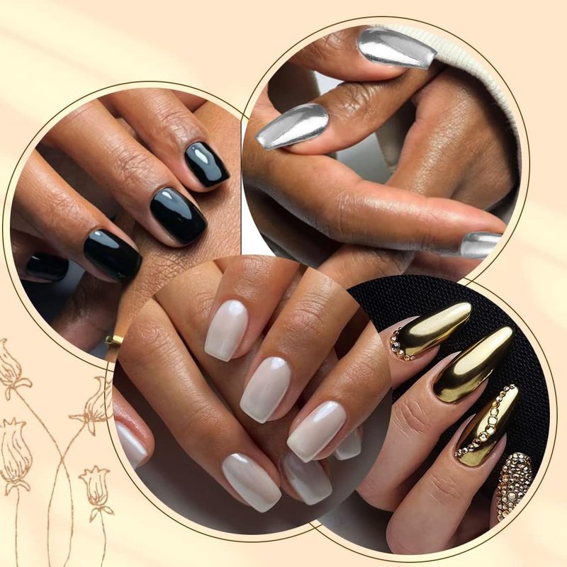 Chrome Nail Powder Set - 4 Jars Metallic Mirror Effect Pigments | Gold, Silver, Black & White Pearl