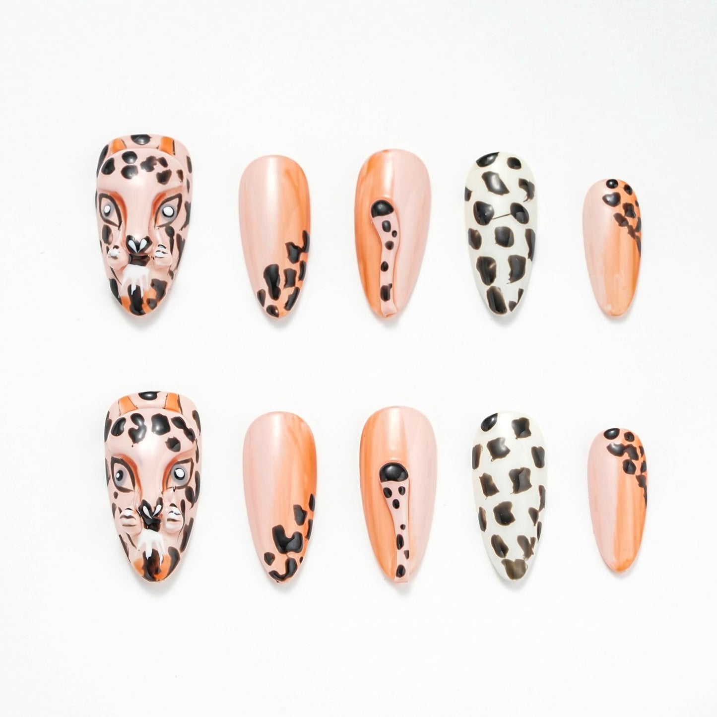 FORBELOVED NAILS,Nude Hand-pained Leopard Handmade Press On Nails,Medium Almond Glue On Nails,Charming 3D Texture Tails False Nails For Women And Girls,10Pcs/Set With Glue,(Nude-L),FOB