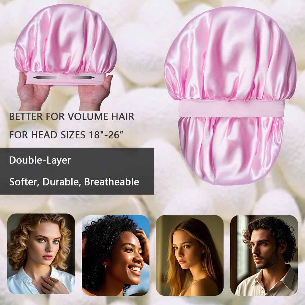 WOMEI Silk Bonnet for Sleeping Women Men - Larger Double Layer Satin Bonnet - Hair Bonnet for Sleeping - Shower Cap for Curly Hair (Pink)