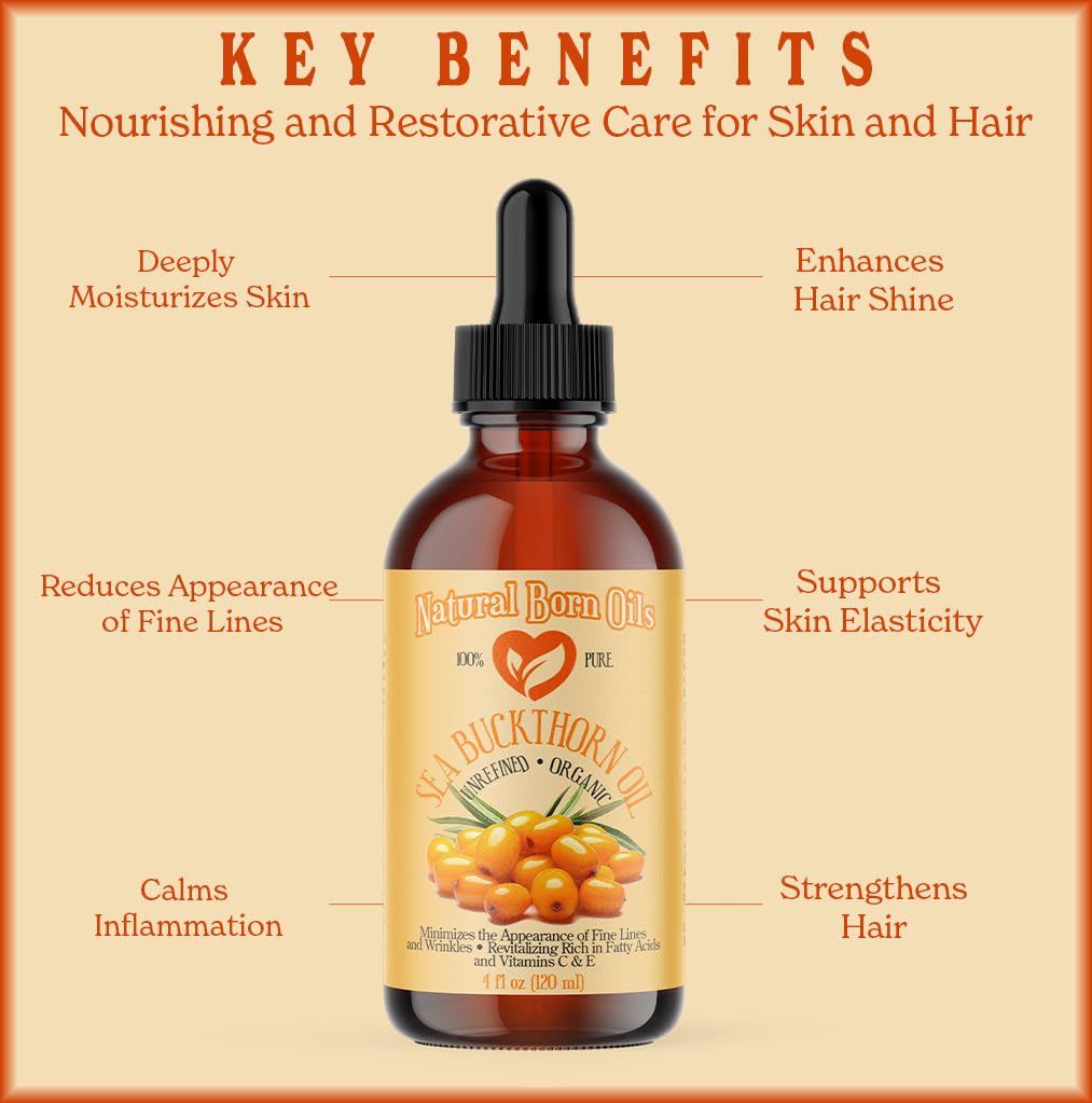 Sea Buckthorn Oil 16oz - 100% Pure Organic Cold-Pressed Oil | Revitalizing with Pump & Dropper
