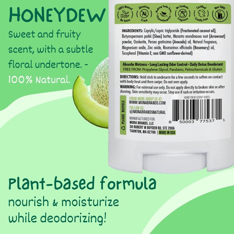 MONA Honeydew Natural Deodorant for Kids, Preteens & Teens, Aluminum Free, Gluten and Baking Soda Free, Gentle for Sensitive Skin, Vegan Kids Deodorant Stick, 2-Pack