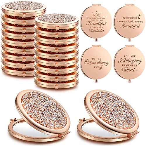 Roowest 16 Pack Metal Rhinestone Compact Mirror Bulk for Women Inspirational Rose Gold Magnifying Pocket Mirrors for Purses Women Girls Events Wedding Bridal Shower Favors