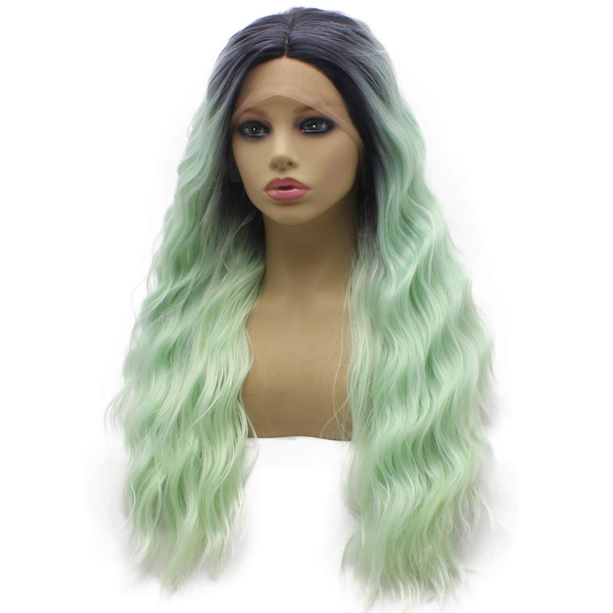 Iwona Long Wavy Ombre Mint Green Half Hand Tied Lace Front Synthetic Wig Heat Resistant