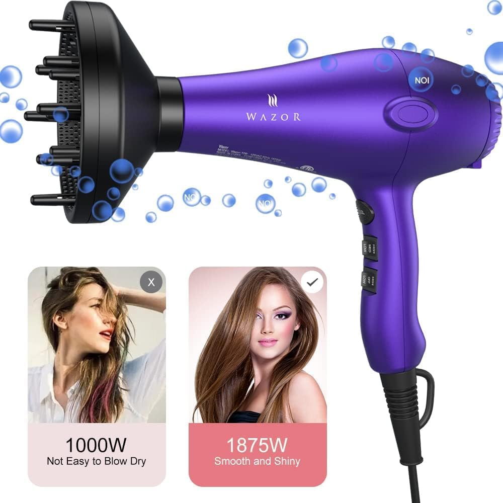 Wazor Lightweight Hair Dryer - 1875W Ionic Blow Dryer with Diffuser | 2 Speed, 3 Heat Settings, Purple