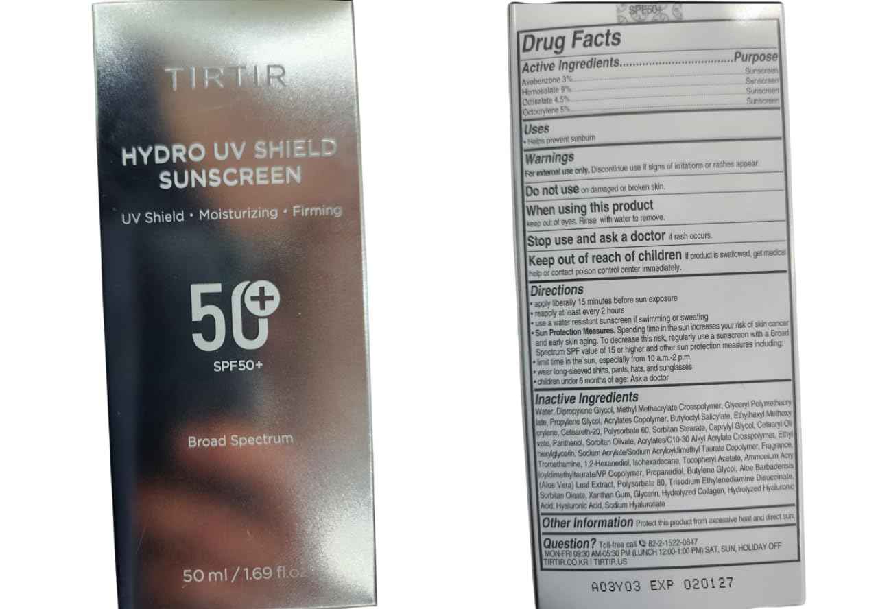 TIRTIR Hydro UV Shield Sunscreen | SPF 50+ Broad Spectrum UVA UVB Korean No White Cast Face Sunblock, 1.69 Fl Oz