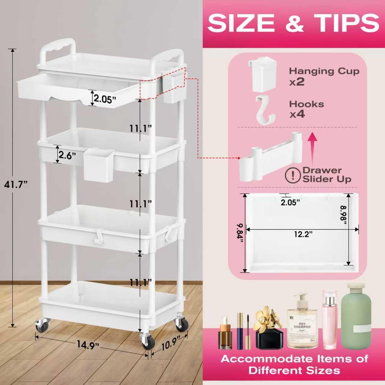 Rolling Makeup Organizer Cart - 4-Tier White Skincare Storage with Removable Drawer | Vanity & Beauty Display