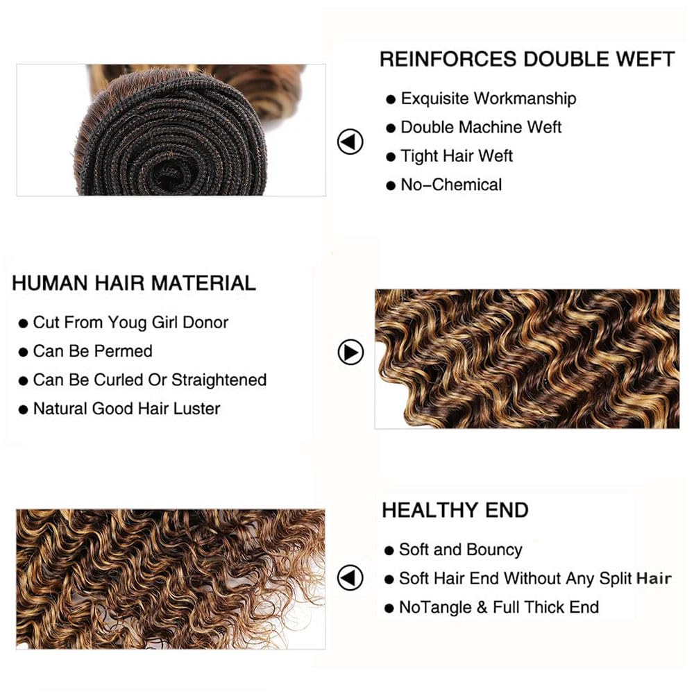 Ombre Bundles Human Hair 4/27 Deep Wave Human Hair Bundles 12 12 12 Inch Highlight Honey Blonde Bundle Double Weft Salon Quality Brazilian Virgin Remy Hair Extensions 300g
