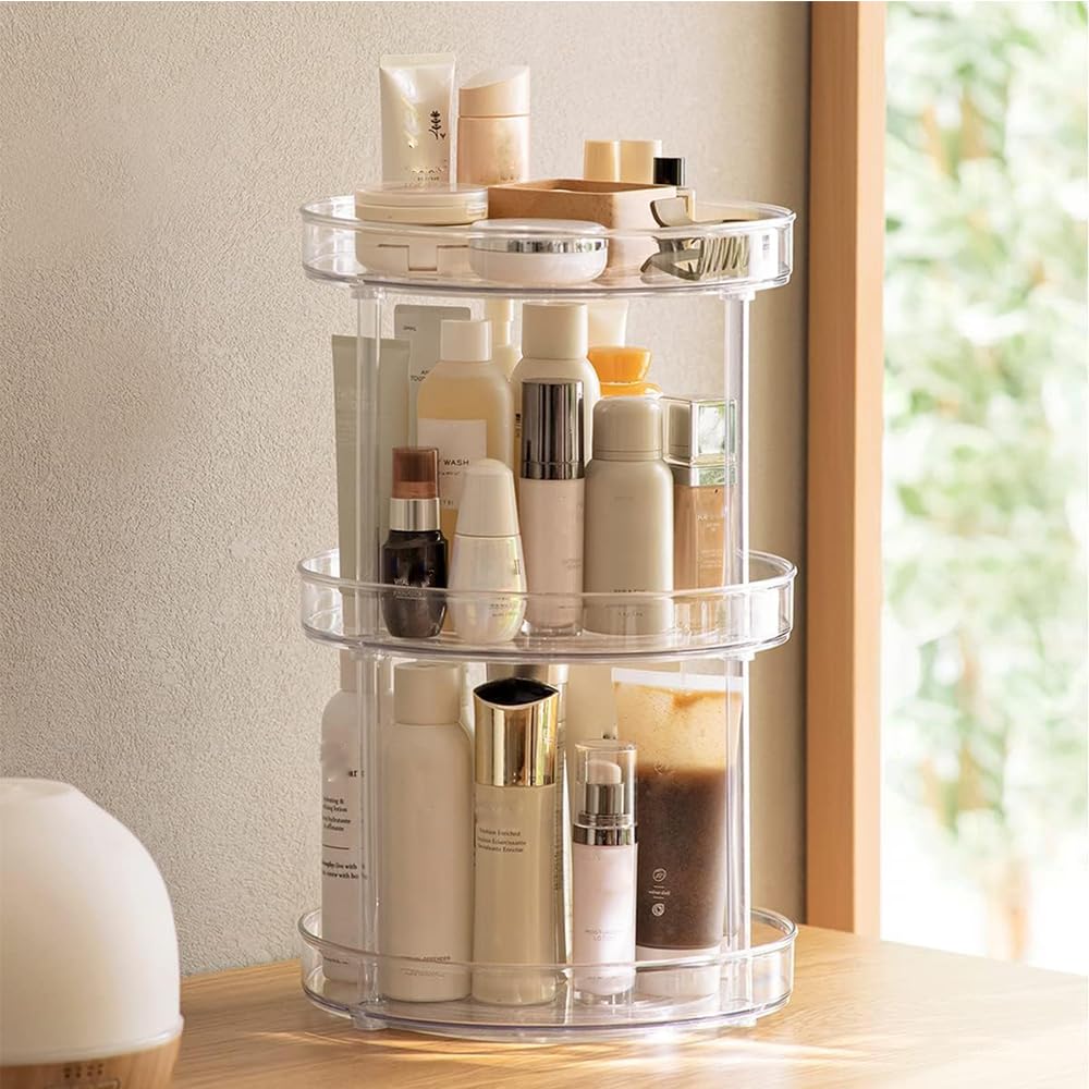 ROWNYEON 360° Rotating Makeup Organizer - 3 Tier Clear Spinning Skincare Storage with Stainless Steel Bearings, Large 10.6" Round Lazy Susan for Vanity Countertop, Perfume, Bathroom & Kitchen (Clear)