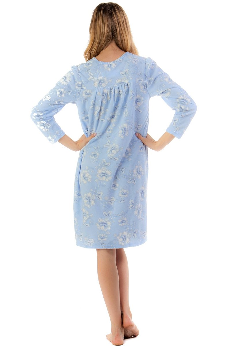 Casual Nights - Cozy Fleece Long Sleeve Nightgowns for Women | Floral Print & Lace | Warm Sleepwear & Lounging | Soft Microfleece, Crew Neck, Button Closure | Blue - 3XL