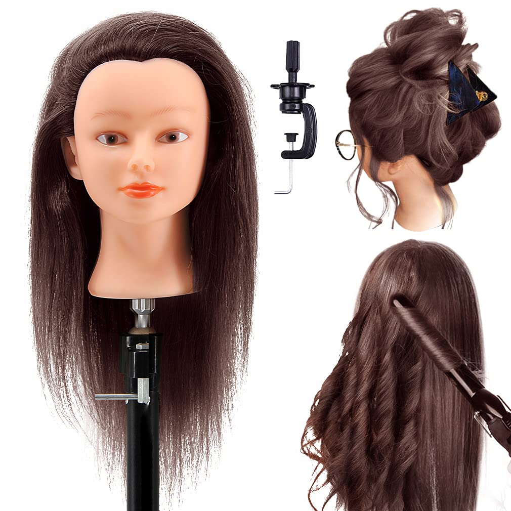 CZFY Cosmetology Mannequin Head with 100% Real Human Hair and Adjustable Stand 22-24” for Braiding Hair Styling Training Hairart Barber Hairdressing Fashion Salon Display