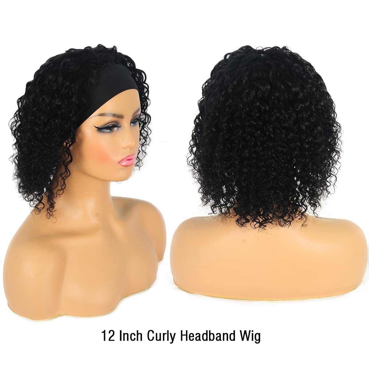 R RACILY HAIR Short Curly Headband Wigs Human Hair Wig for Black Women, Glueless Kinky Curly Weave Wigs 100% Unprocessed Hair None Lace Front Wigs Natural Color 150% Density (12", 1B, Curly)