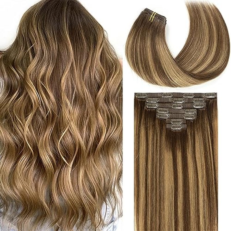 Seamless Clip in Remy Hair Extensions Human Hair Invisible PU Skin Weft Ombre Chocolate Brown to Caramel Blonde With Brown Roots Clip in Hair Extensions Thick Natural Hair 18inch 110gram 7pcs #R4-4/27