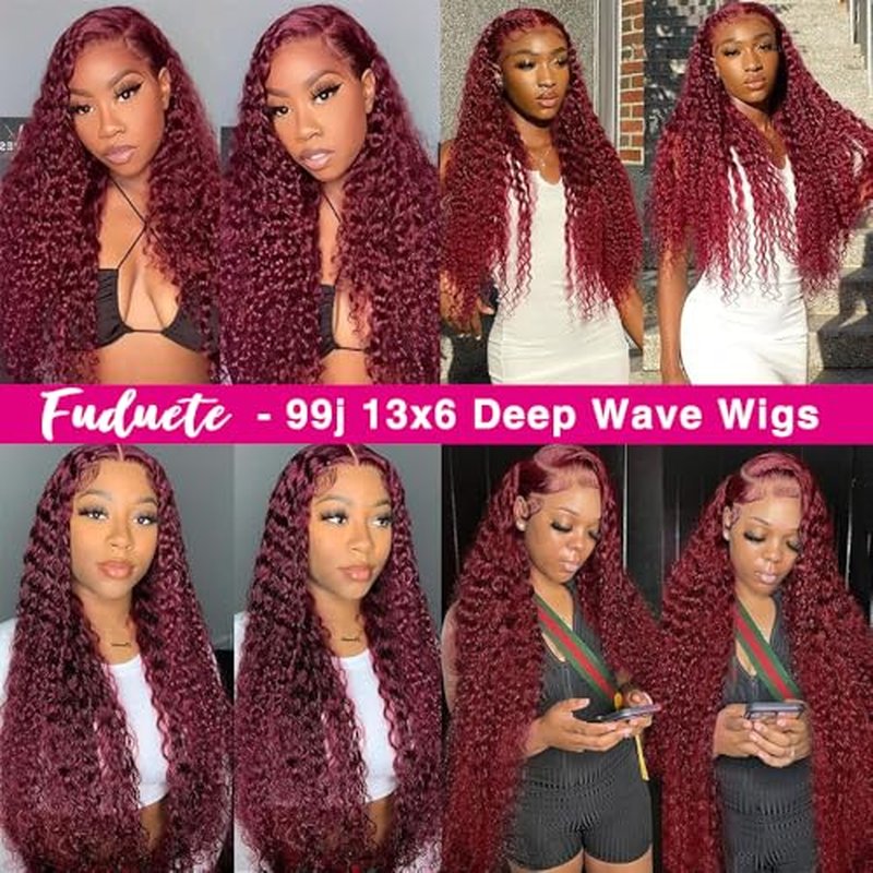 99J Burgundy Deep Wave 13x6 Lace Front Wigs Human Hair 200% Density Lace Frontal Wigs Human Hair Pre Plucked 99j Burgundy Deep Curly Wave HD Lace Front Wigs for Women (20Inch)