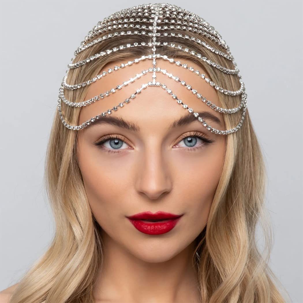 CAKURE 1920s Crystal Cap Headpiece Flapper Cap Headband Roaring 20s Headpiece Rhinestone Art Deco Party Hair Accesories for Women (b-silver, one size)