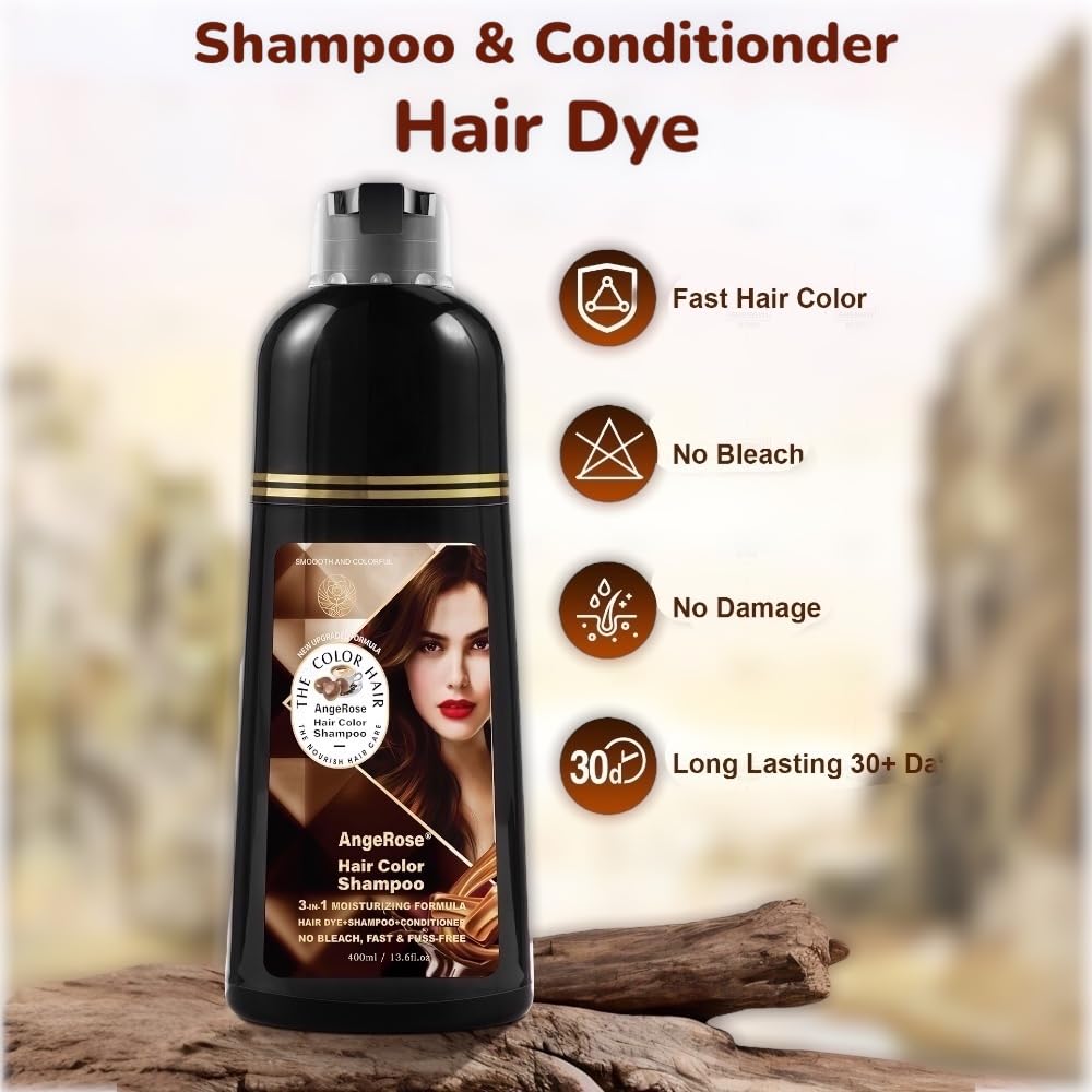 AngeRose Hair Dye Shampoo 3 in 1, Instant Herb Ingrident Hair Dye to Cover Gray Hair, Long-lasting & Natual, Wine Red, 400 ML