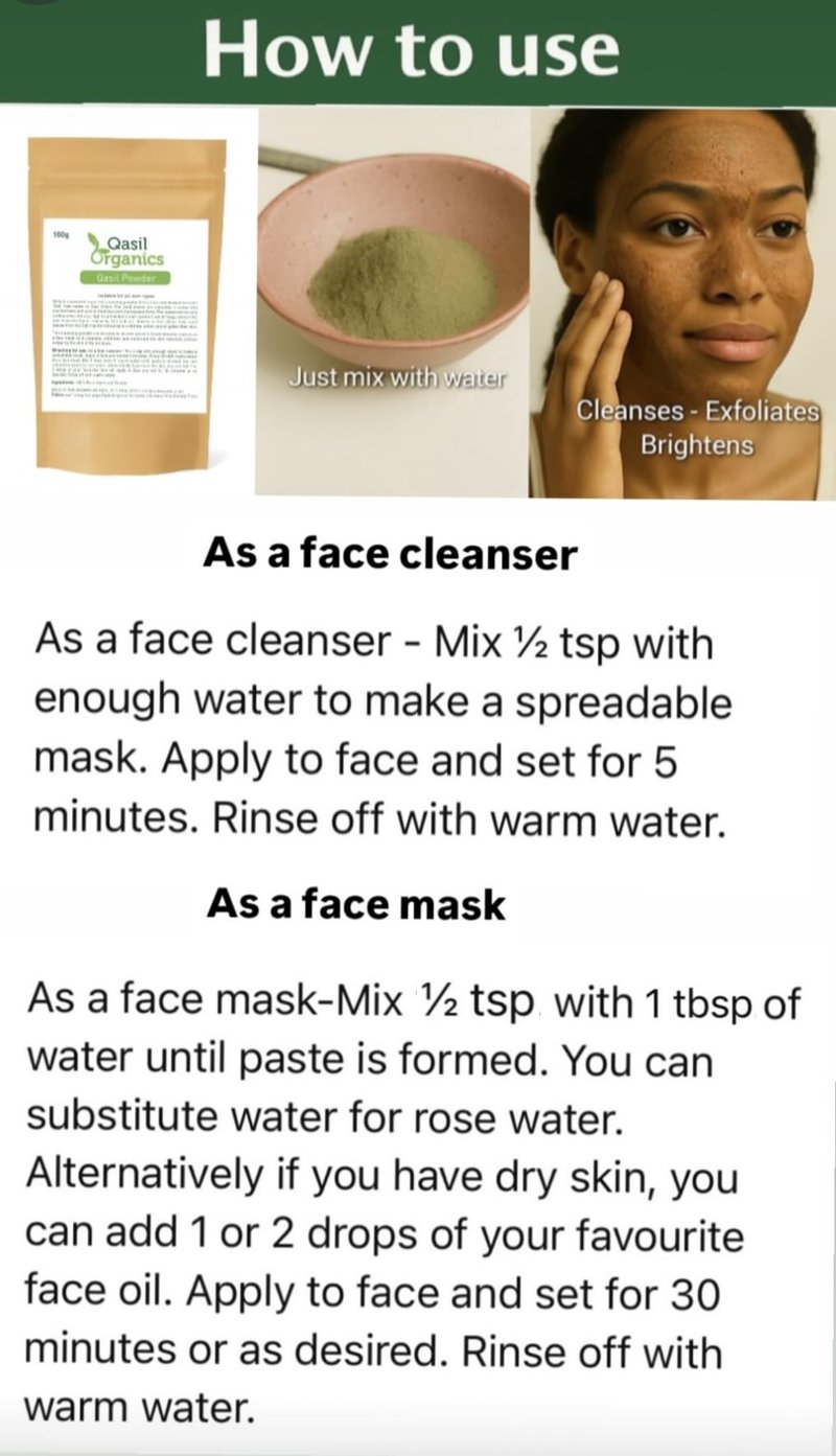 Qasil Organics – 100% Pure Qasil Leaf Powder – Deep Pore Cleansing Facial & Body Mask– Clears Blemishes, Blackheads and Clogged Pores for Clear Skin - 3.5 oz