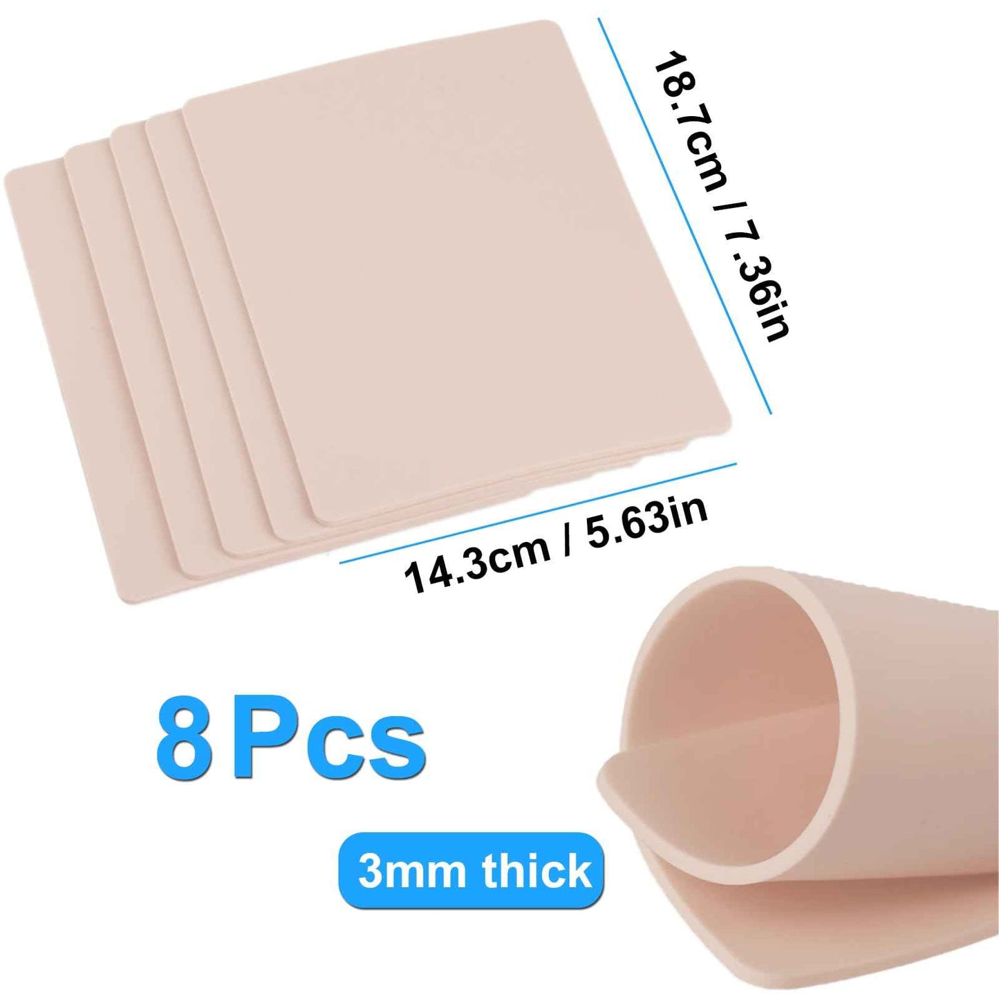MIUXIA 3mm 8pcs Tattoo Fake Skin 7.4x5.6" 3mm Tattoo Practice Skin Soft Silicone Thick for Beginer and Artists