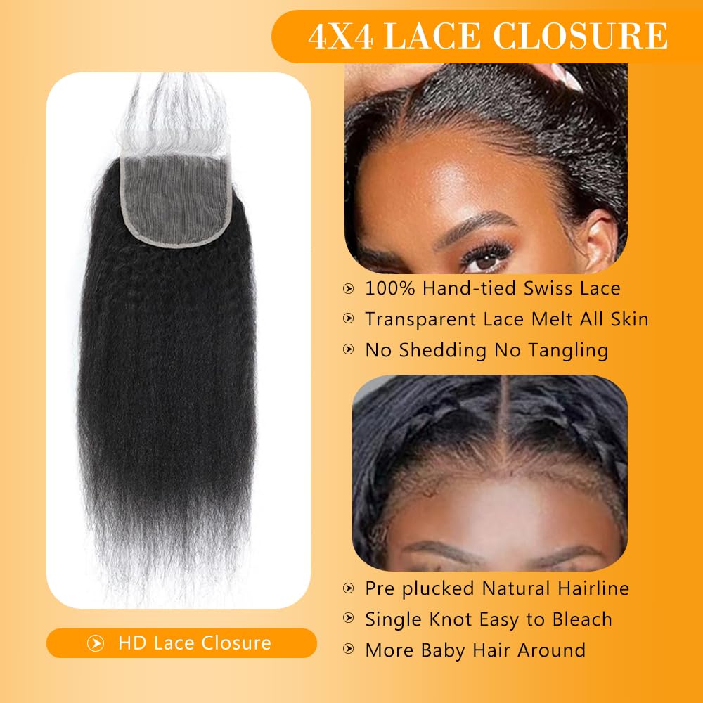 QTHAIR 18A Kinky Straight Lace Closure (14inch) 4x4 Free Part 150% Density Top Swiss Lace Natural Straight Human Hair Closure with Baby Hair