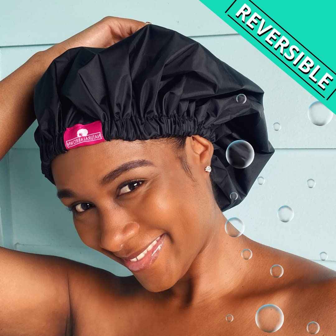 Shower Cap - Extra Large, Black, Satin lined inside, Reversible bonnet, Waterproof outer layer, Adjustable Elastic Strap, Reusable, Washable, Positive Affirmations for Women