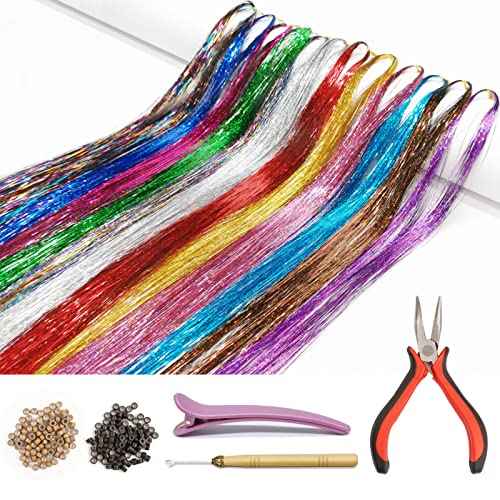Hair Tinsel Kit with Tools and Instruction Easy to Use 12 Colors 2400 Strands 47 Inches Glitter Tinsel Hair Extensions for Women and Girls, Sparkling Shinny Fairy Hair Accessories for Christmas New Year Halloween Cosplay Party