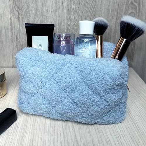 Checkered Makeup Bag, Blue Plush, Fluffy, Zippered, Portable Skincare Storage Bag, Fashionable Cosmetic Bag