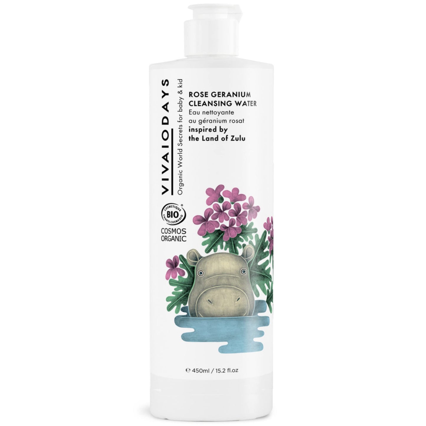 VIVAIODAYS Organic Rose Geranium Cleansing Water - Quick Clean up for Baby & Gentle Makeup Remover (15.2 oz | 450 ml Large)