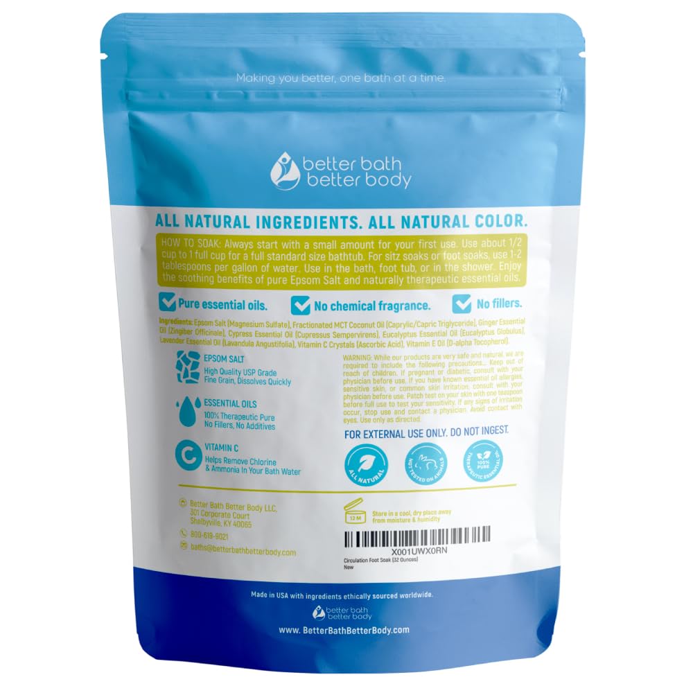 Circulation Foot Soak 32 Ounces (2 Lbs) Epsom Salt with Pure Essential Oils Ginger and Cypress Essential Oils Plus Vitamin C in BPA Free Pouch with Easy Press Lock Seal