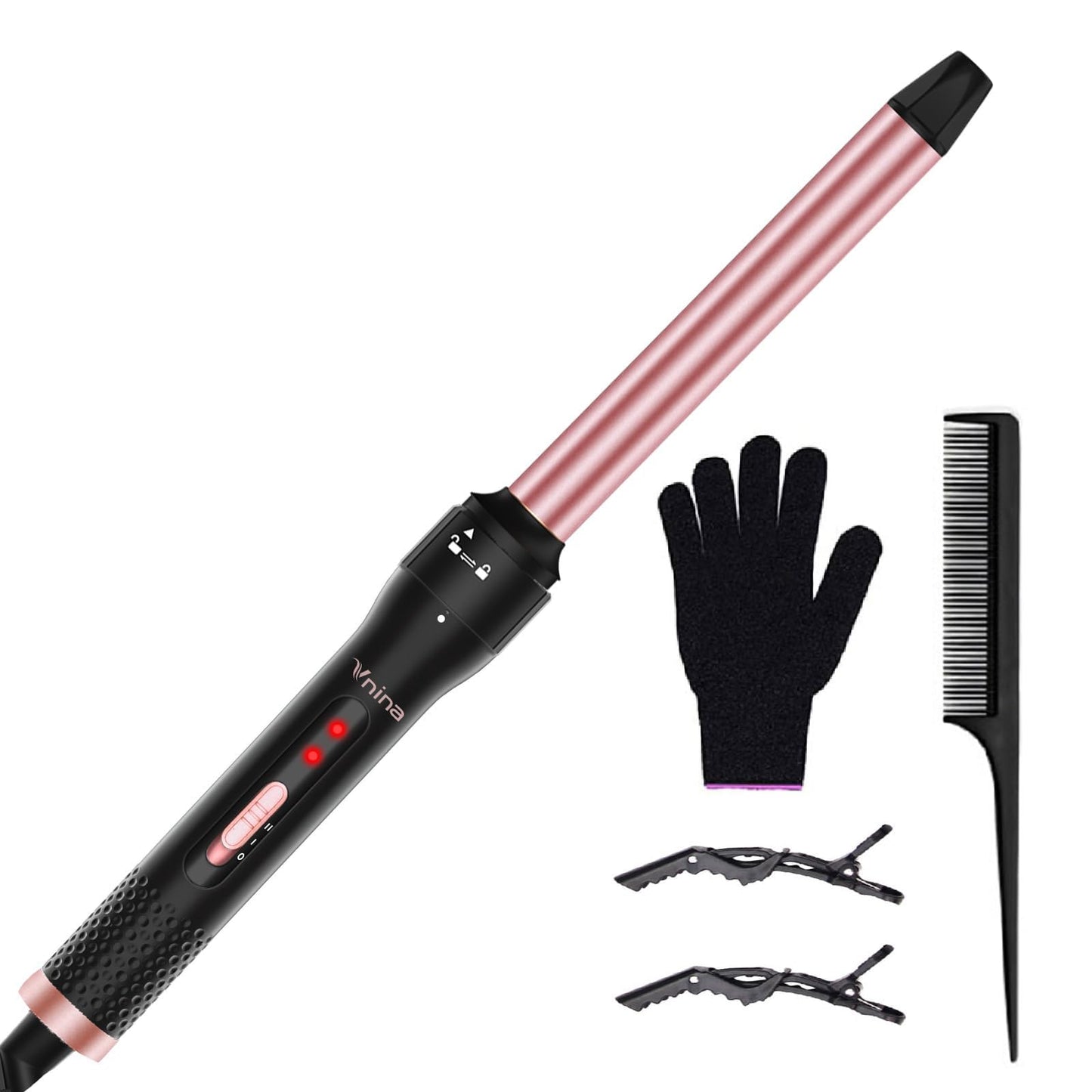 Vnina Curling Iron 1 Inch, Professional Long Barrel Hair Curling Wand with 2 Heat Settings, Ceramic Coating Barrel Curler Wand for All Hair Types, Include Heat Protective Glove & 2 Clips