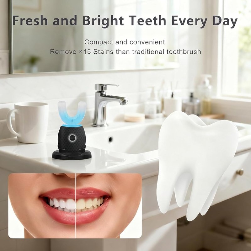 U-Shaped Toothbrush for Adults - Ultrasonic Foam Cleaning, Hands-Free Design, 4 Brush Heads | Black with Blue LED Light