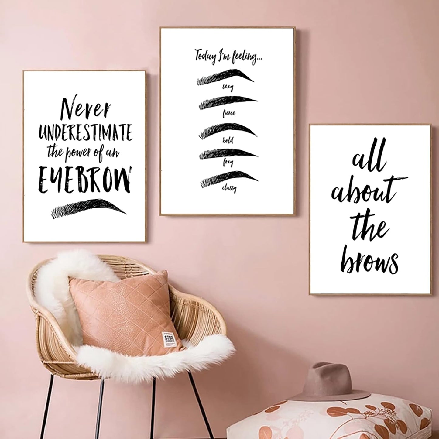 Eyebrow Art Prints - Beauty Salon Canvas Wall Art | Black & White Eyebrow Quotes | 12x16 Inch Unframed Set of 3