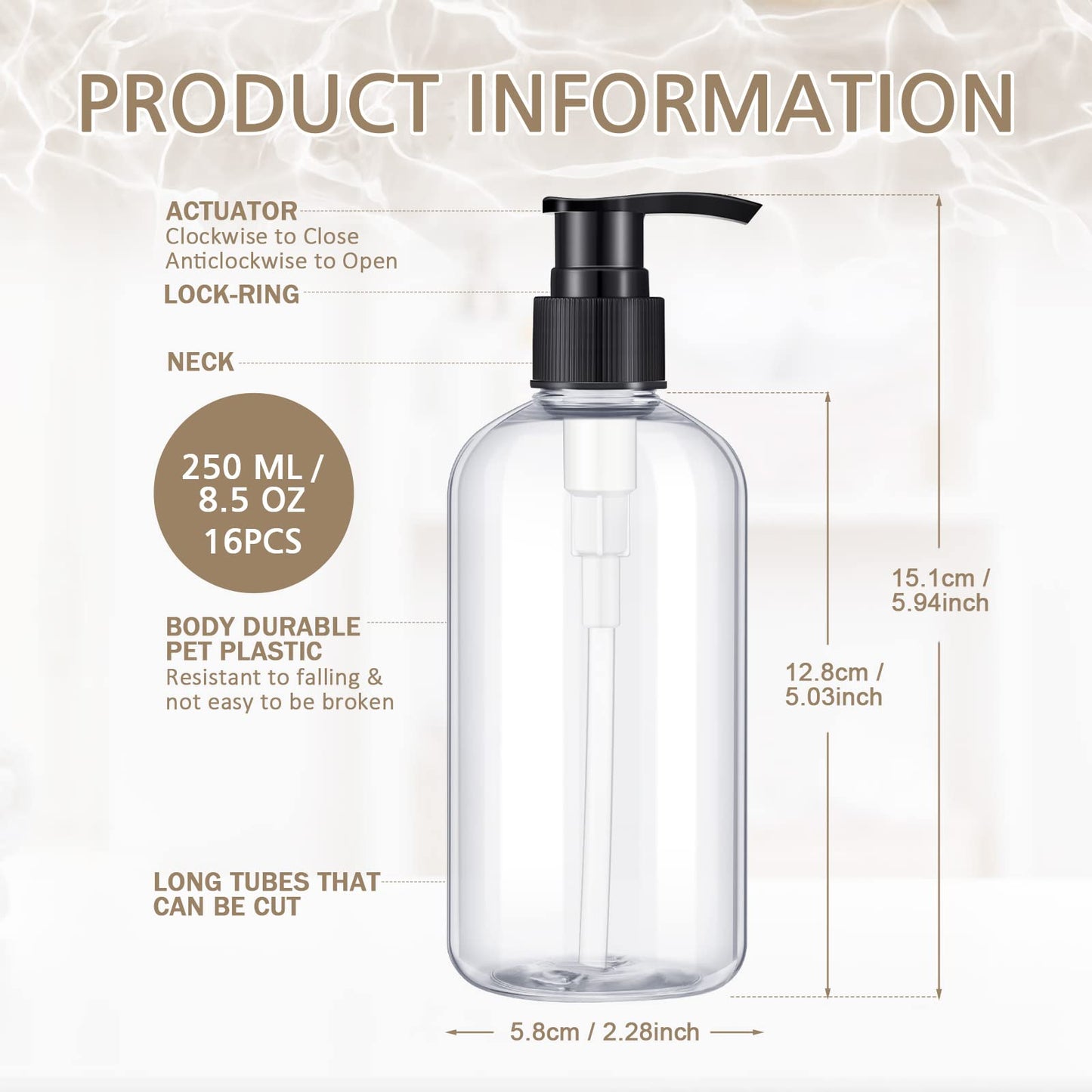 16 Pcs Empty Shampoo Bottles Plastic Pump Bottles Liquid Dish Soap Dispenser Refillable Shampoo Dispenser for Shower Wall Shampoo and Conditioner Dispenser for Bathroom Kitchen (250 ML/ 8.5 OZ)
