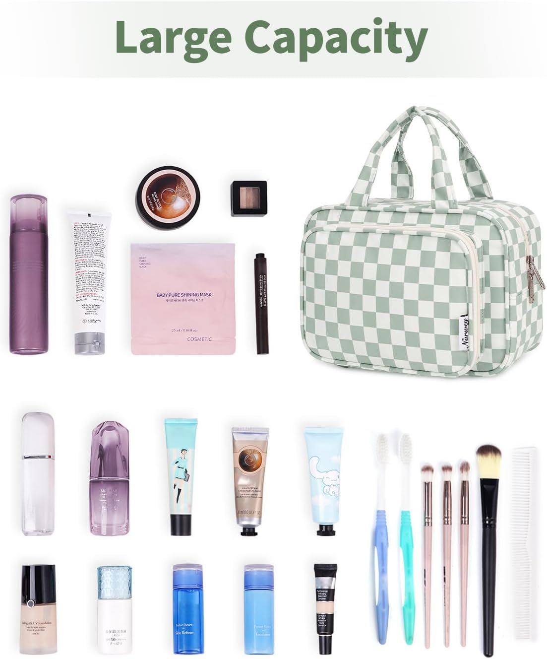 Large Travel Toiletry Bag - Checkered Makeup Organizer for Women | Mint Green