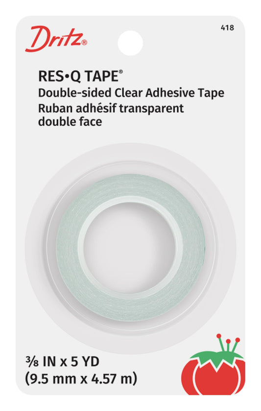 Dritz Res-Q Tape, 3/8" x 5 Yards, Double-Sided Fashion Tape - Clear Hypoallergenic Adhesive for Clothing & Body (No Residue)