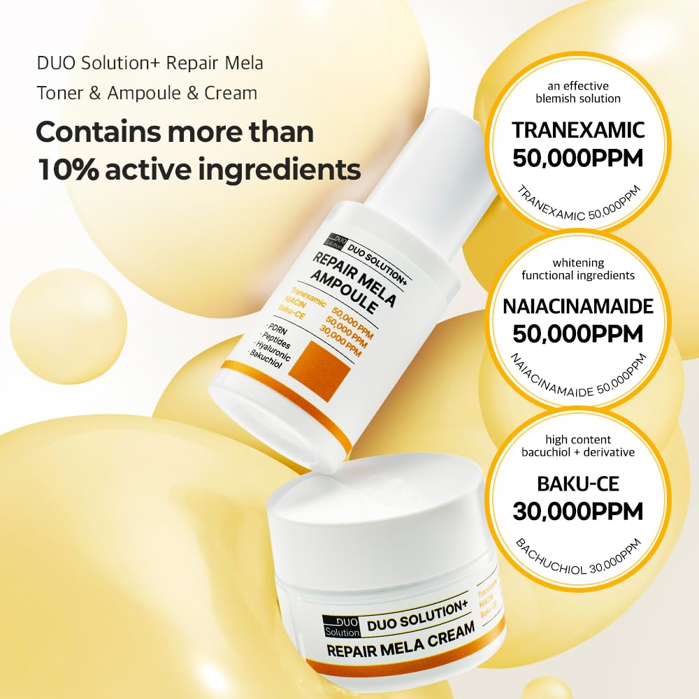 Duo Solution Tranexamic Acid 5% + Niacinamade 5% + Baku-CE 3% Cream, Repair Mela Cream - Tranexamic acid 50,000ppm, Niacinamade 50,000ppm, bakuchiol 30,000ppm, PDRN, Peptides, Hyaluronic