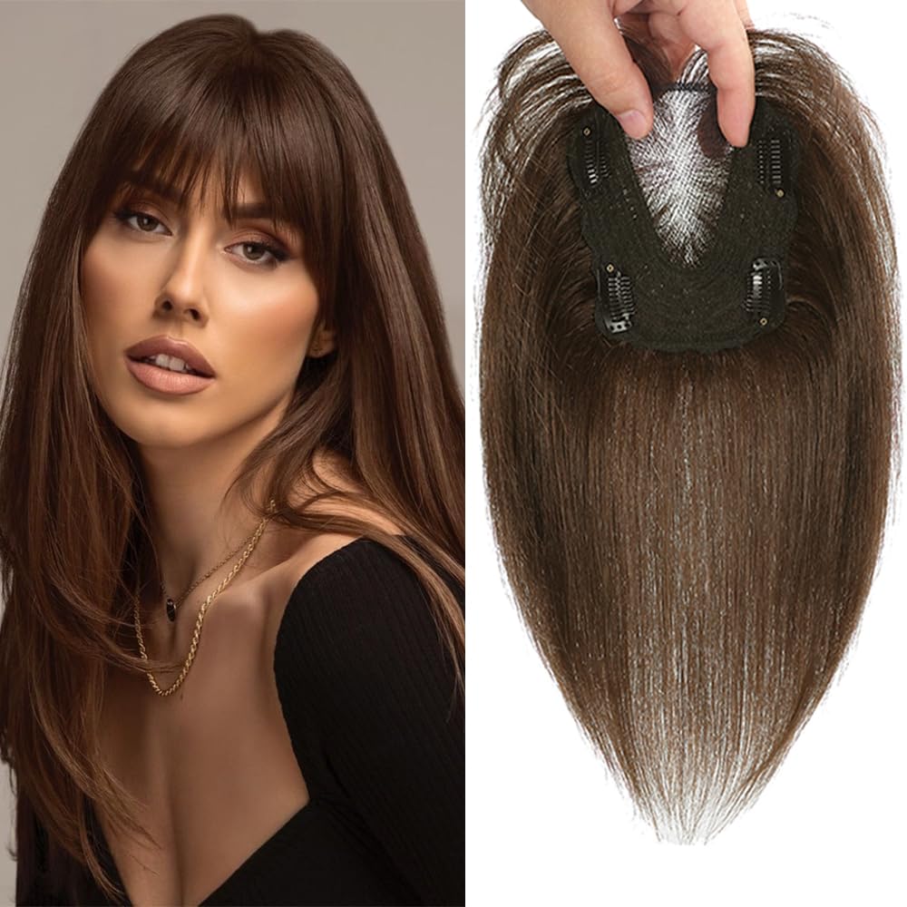 HVVZOY Hair Toppers for Women Real Human Hair, 360° 3D Real Human Hair Toppers for Women with Thinning Hair Clip in Bangs Big Coverage 12 Inch Hairpieces (Gray02, 3D Wispy Bangs 10x11)