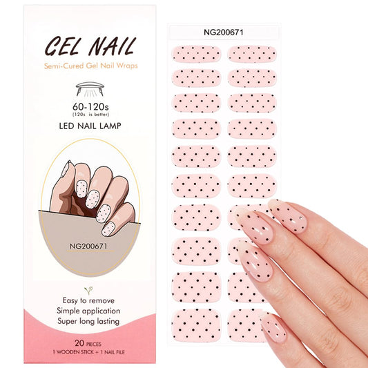 Polka Dot Semi Cured Gel Nail Strips - 20Pcs Pink UV Gel Nail Wraps with Polka Dots Design, Long Lasting Salon-Quality Stickers, Includes Nails File & Wooden Stick - UV/LED Lamp Required