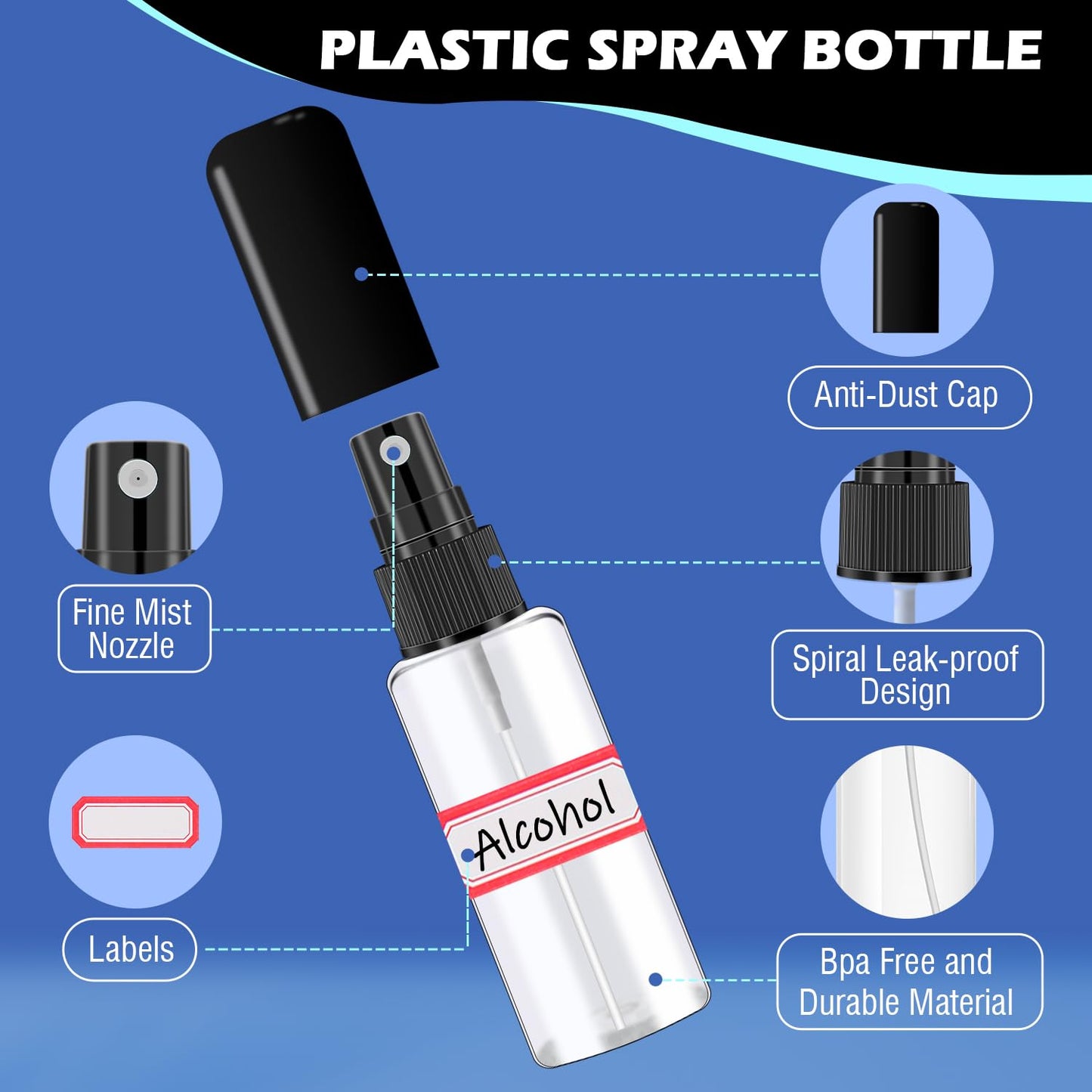 DupakSYS 100 Pack 2oz/55ml Plastic Small Spray Bottles Mini Travel Spray Bottle with Black Cap Empty Fine Mist Spray Bottles Refillable Liquid Container for Perfumes Travel Makeup