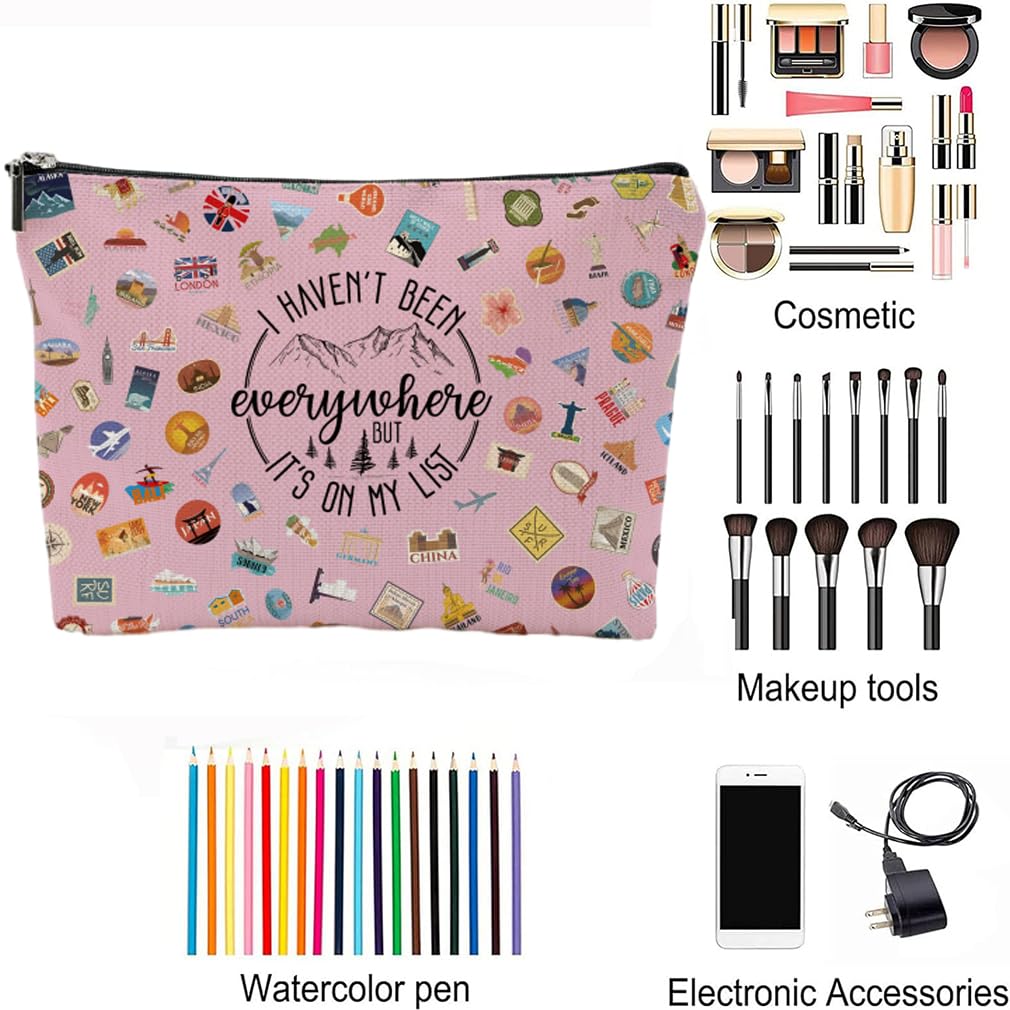 XYZONE World Travel Cosmetic Bag - Perfect Travel Accessories Gift for Women, Toiletry Bag for Her, Cute Traveler Gift, Vacation Essentials Organizer (Pink)