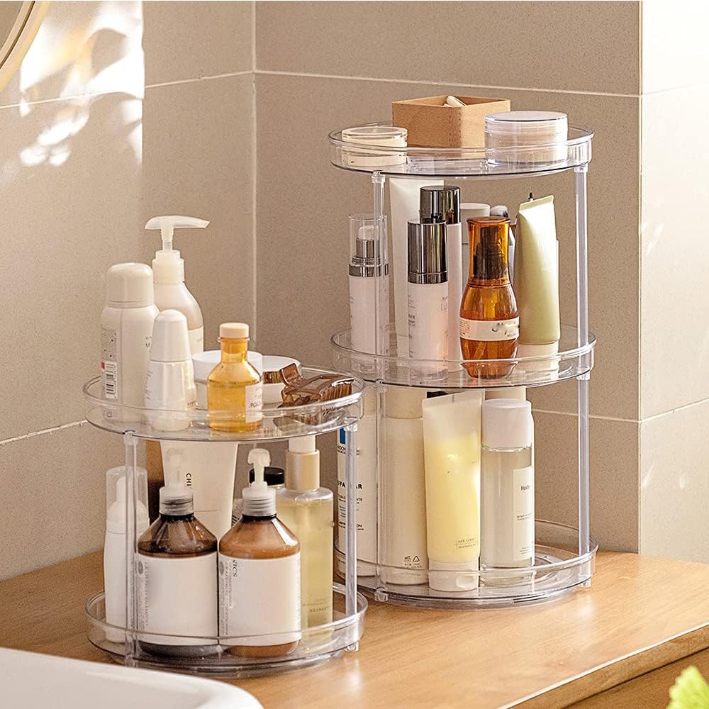 ROWNYEON 360° Rotating Makeup Organizer - 3 Tier Clear Spinning Skincare Storage with Stainless Steel Bearings, Large 10.6" Round Lazy Susan for Vanity Countertop, Perfume, Bathroom & Kitchen (Clear)