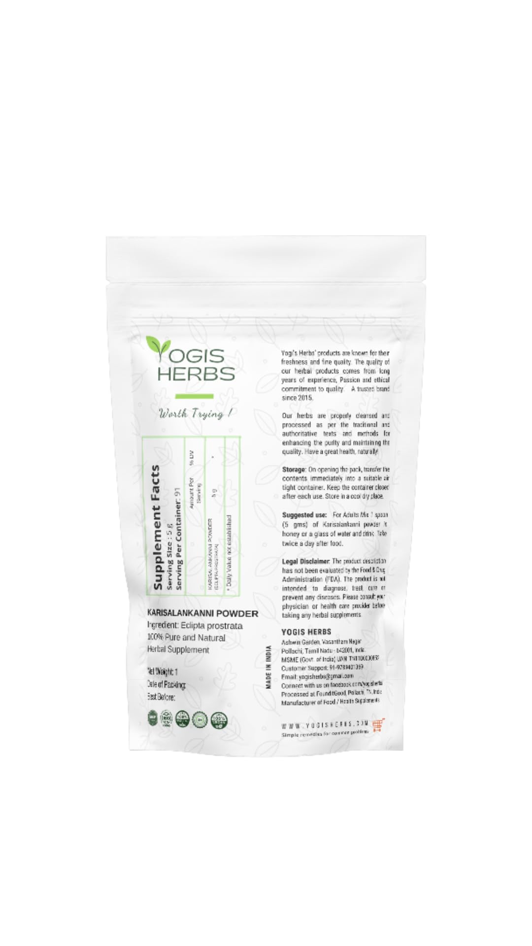 YOGIS HERBS Karisalankanni Powder, Bhringraj / Eclipta alba (False Daisy / Kesharaja "King of Hair") - Traditional Ayurvedic Hair Care Powder for Hair Growth, Strength & Scalp Wellness