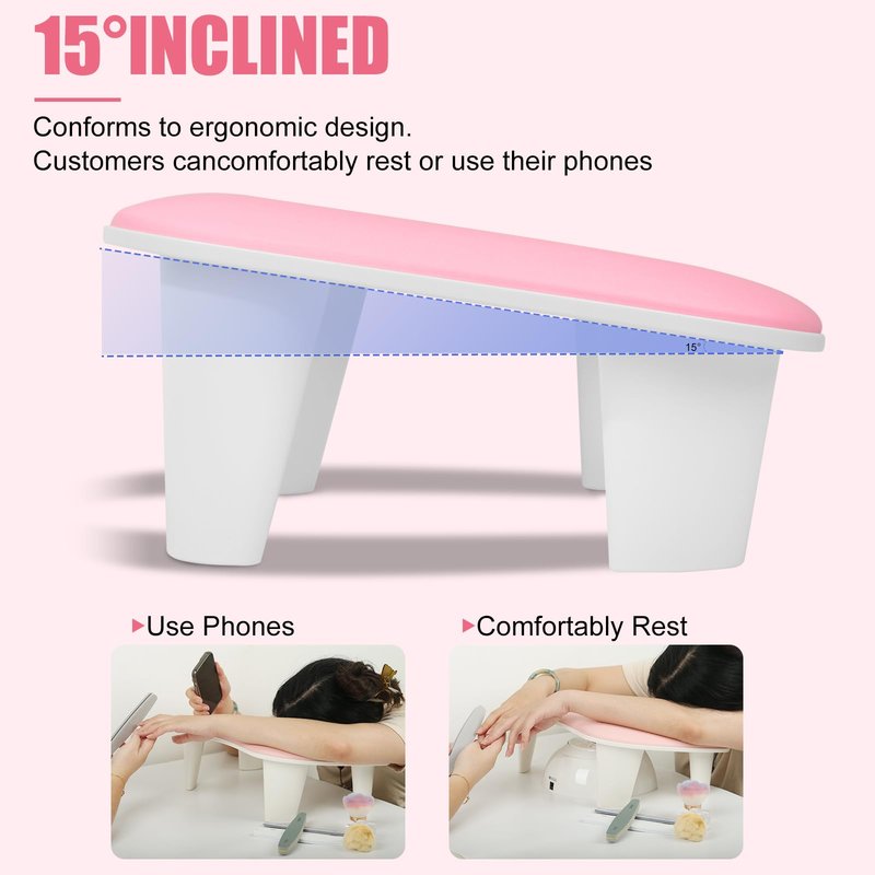 Ruetail Two Hands Arm Rest for Nails Tech U-Shape Nail Hand Pillow with 6Pcs Nail Files Professional Portable Nail Stand Hand Rest Leather Manicure Rest Stand Salon Manicurist Essentials (Pink)