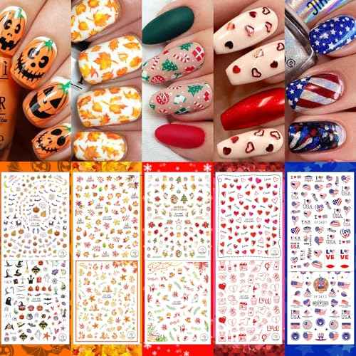 30 Sheets All Holiday Nail Stickers, Thanksgiving Independence Christmas Valentine's HalloweenDay Nail Art Decals Mixed All Season Set, Self-Adhesive Design Year-Round Manicure Decorations Supplies