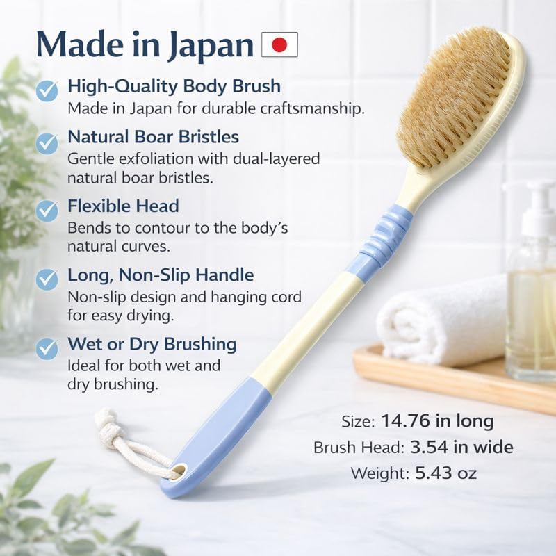 Back Scrubber for Shower - Flexible Natural Boar Bristle Body Brush | Long Handle for Wet or Dry Exfoliating