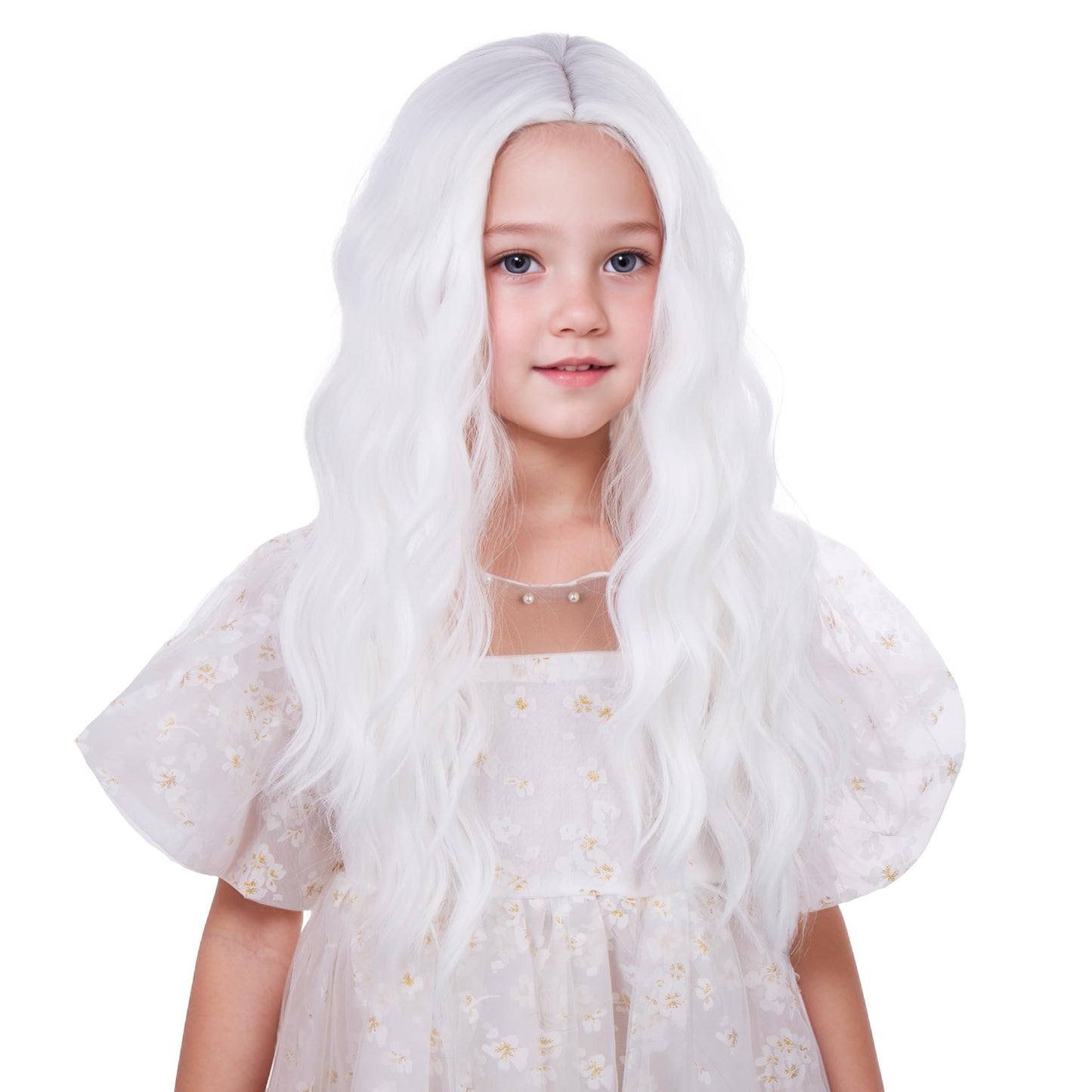 Edivd White Wig for Girls Kids Long White Wavy Curly Wig Middle Part Wigs for Child Heat Resistant Synthetic Wigs with Cap