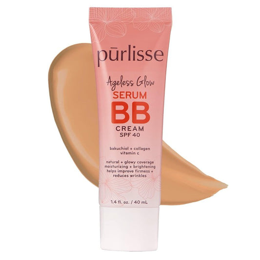 pūrlisse Ageless Glow Serum BB Cream SPF 40 - Glowy Tinted Moisturizer with SPF - Korean Skin Care Formula with Vitamin C & Bakuchiol to Firm, Brighten & Even Skin - Medium Warm(1.4 oz)