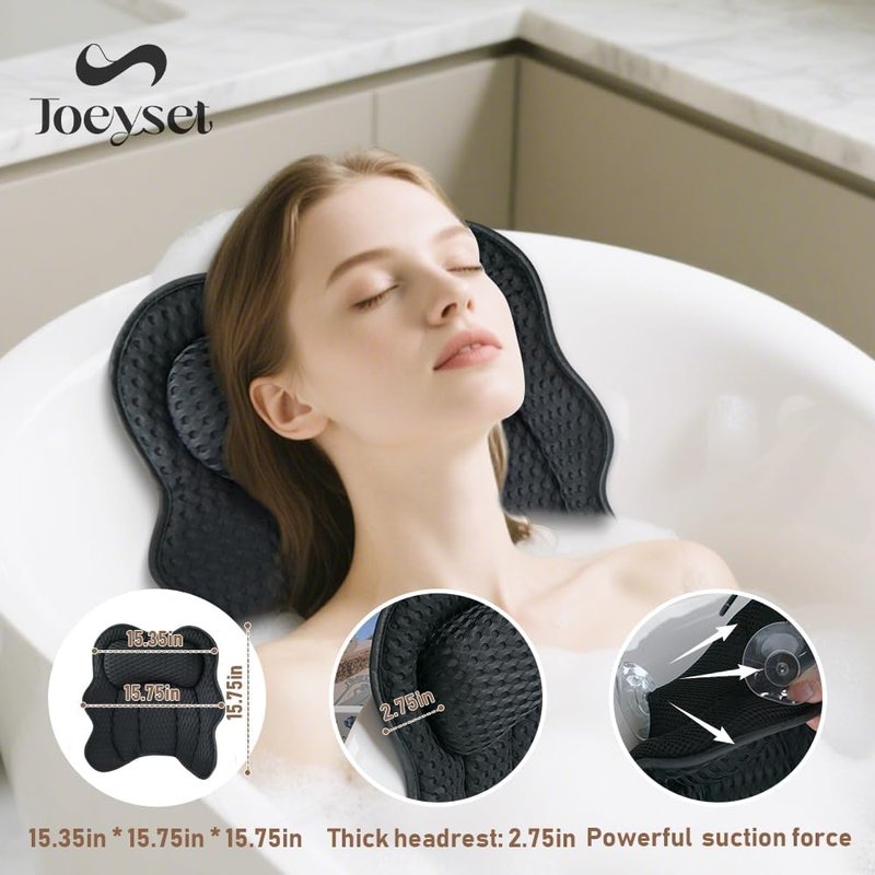 Bath Pillow for Tub - Ergonomic 4D Air Mesh Cushion for Head, Neck & Back Support | Quick-Drying & Machine Washable (Black)